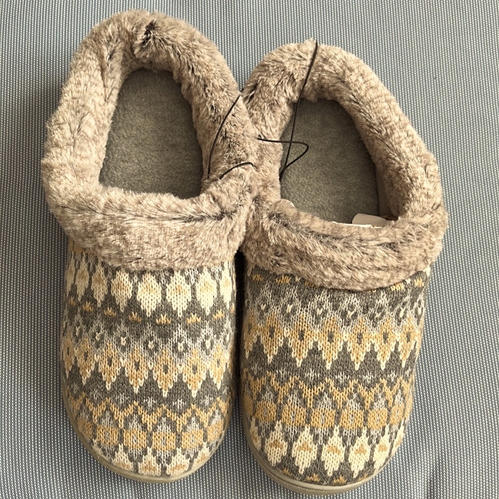 Cozy tan and gray memory foam slippers